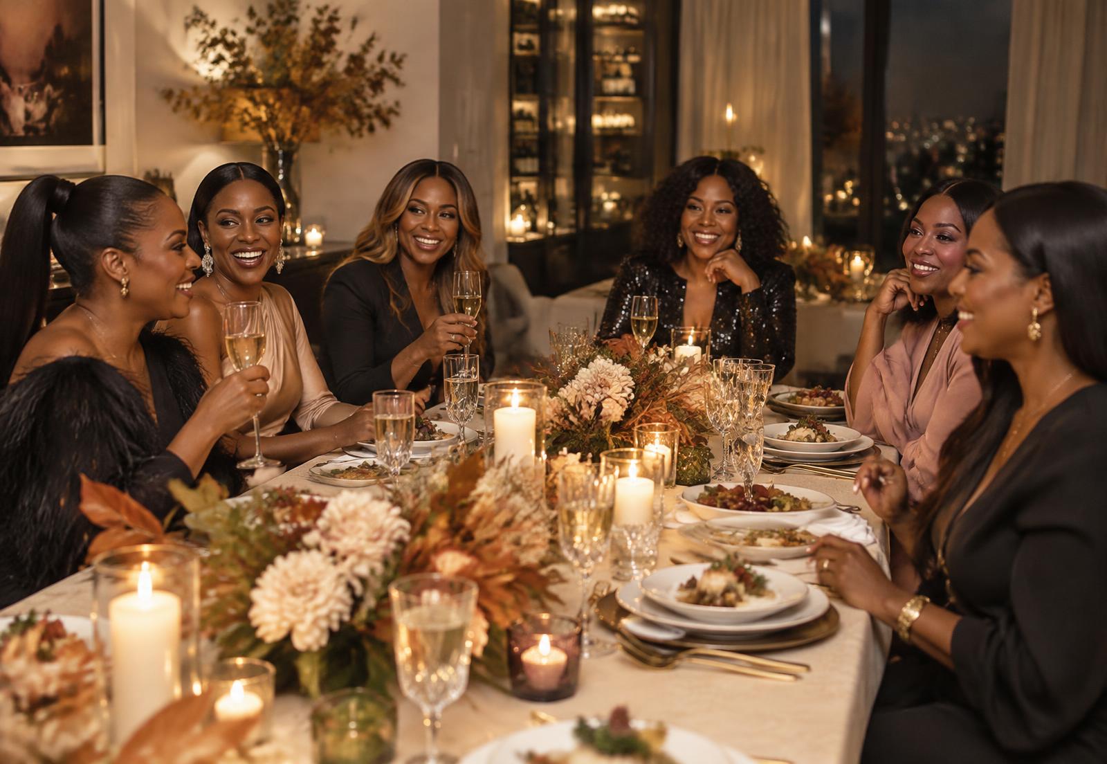 Women dressed for a chic Friendsgiving dinner gathered around a candlelit table